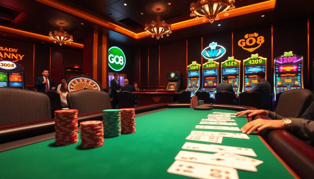 Experience the thrill of GO8 at a luxury casino, featuring vibrant slot machines and an engaging poker table atmosphere.