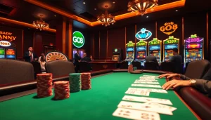 Experience the thrill of GO8 at a luxury casino, featuring vibrant slot machines and an engaging poker table atmosphere.