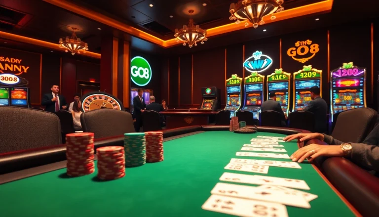 Experience the thrill of GO8 at a luxury casino, featuring vibrant slot machines and an engaging poker table atmosphere.