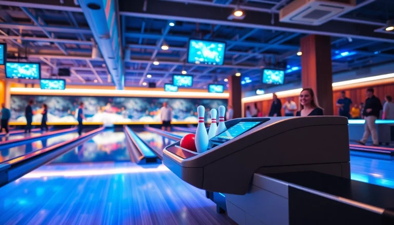 String bowling manufacturer showcasing the EV99 pin-setting machine in a vibrant bowling alley setting.