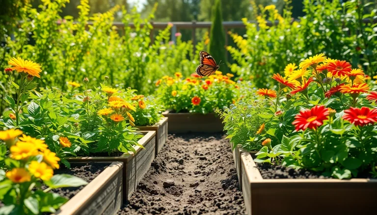 Gardening scene showcasing a vibrant backyard with flourishing plants and bright colors.
