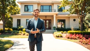 Real Estate expert presenting a contemporary home to potential buyers in a welcoming outdoor setting.