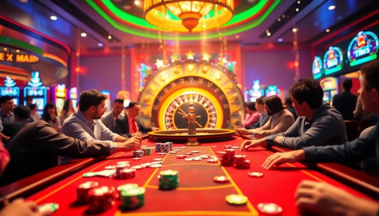 Exciting gaming action at Nhà Cái THABET casino, featuring lively poker tables and roulette wheels.