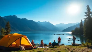 Family enjoying adventure at https://fernweh-abenteuer.de with a scenic camping setup by a lakeside.