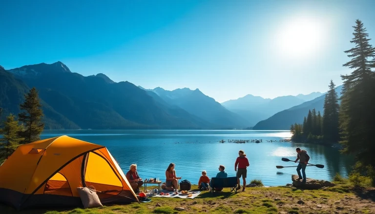 Family enjoying adventure at https://fernweh-abenteuer.de with a scenic camping setup by a lakeside.