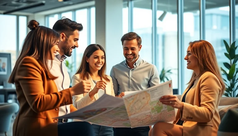 Engaging real estate agents showcase properties in a modern office environment.