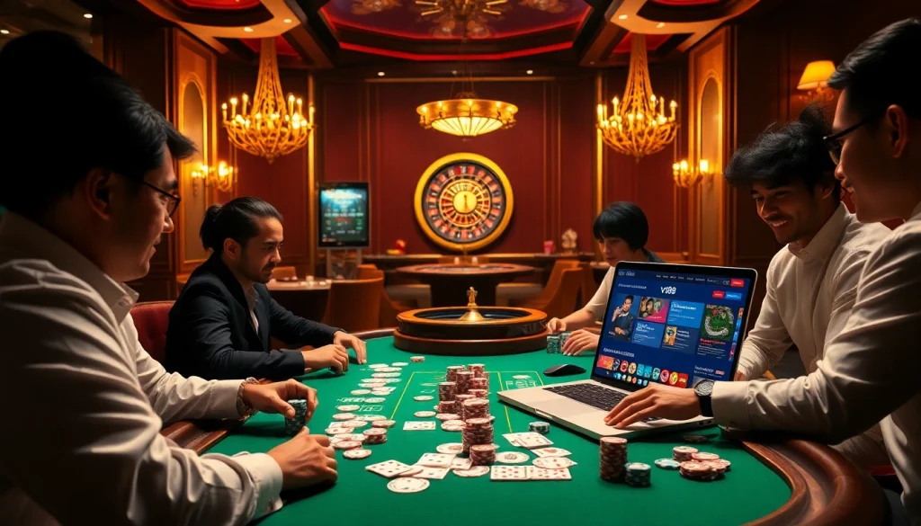 Players enjoy a thrilling poker game at the vn88 casino, showcasing vibrant chips and cards.