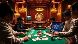 Players enjoy a thrilling poker game at the vn88 casino, showcasing vibrant chips and cards.