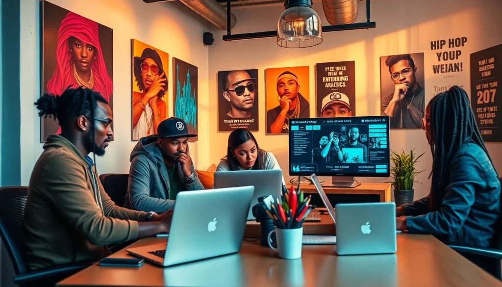 Hip hop publicist agency collaborating creatively in a modern office