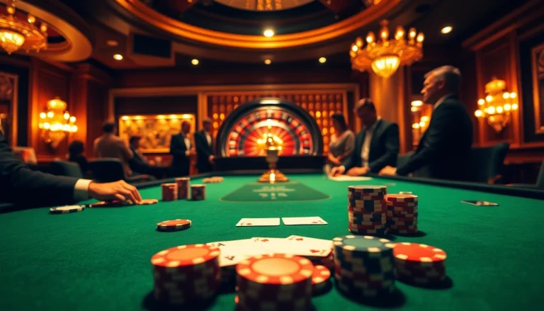 Engaged players at Vmax 68-themed casino table enjoying a high-stakes poker game.