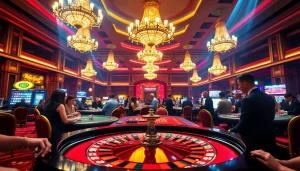 Engaging experience at https://casinodeets.com showcasing a bustling casino gaming scene with players at tables.