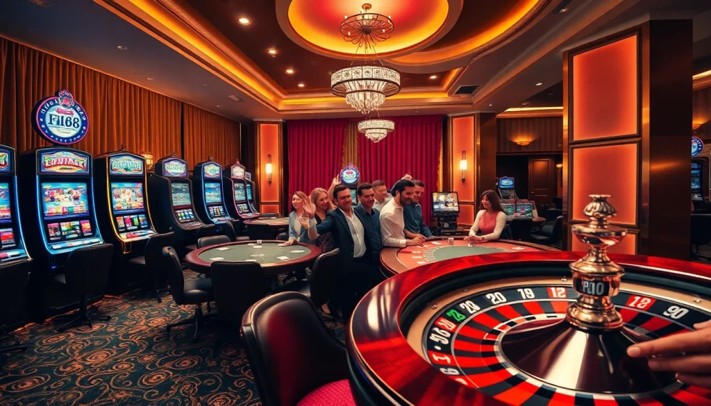 Players enjoying a thrilling game experience at F168 casino with vibrant tables and slot machines.