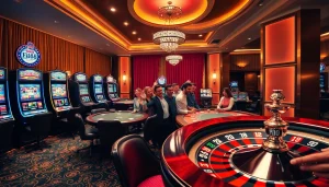 Players enjoying a thrilling game experience at F168 casino with vibrant tables and slot machines.