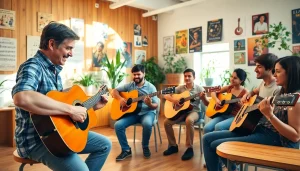 Join a friendly guitar lesson at https://guitarlessons.co.uk with an engaging instructor and eager students.