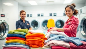 Experience top-quality laundry service near me with a friendly staff member folding vibrant clothes in a bright laundromat.