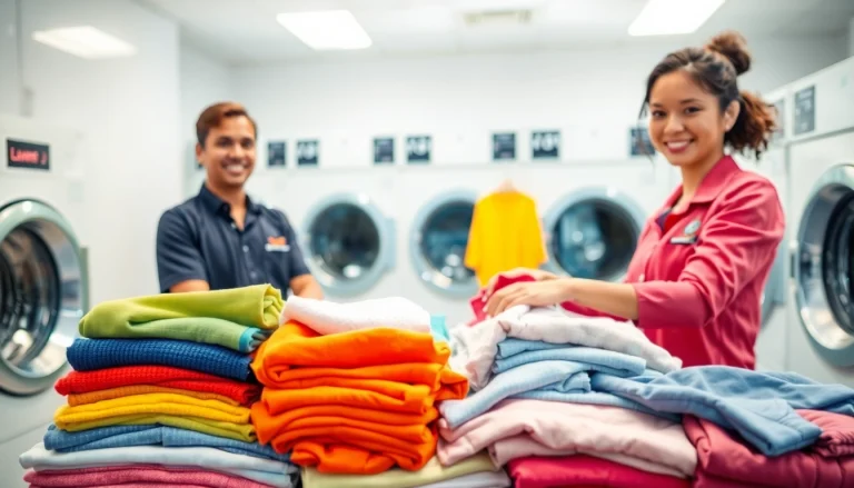 Experience top-quality laundry service near me with a friendly staff member folding vibrant clothes in a bright laundromat.