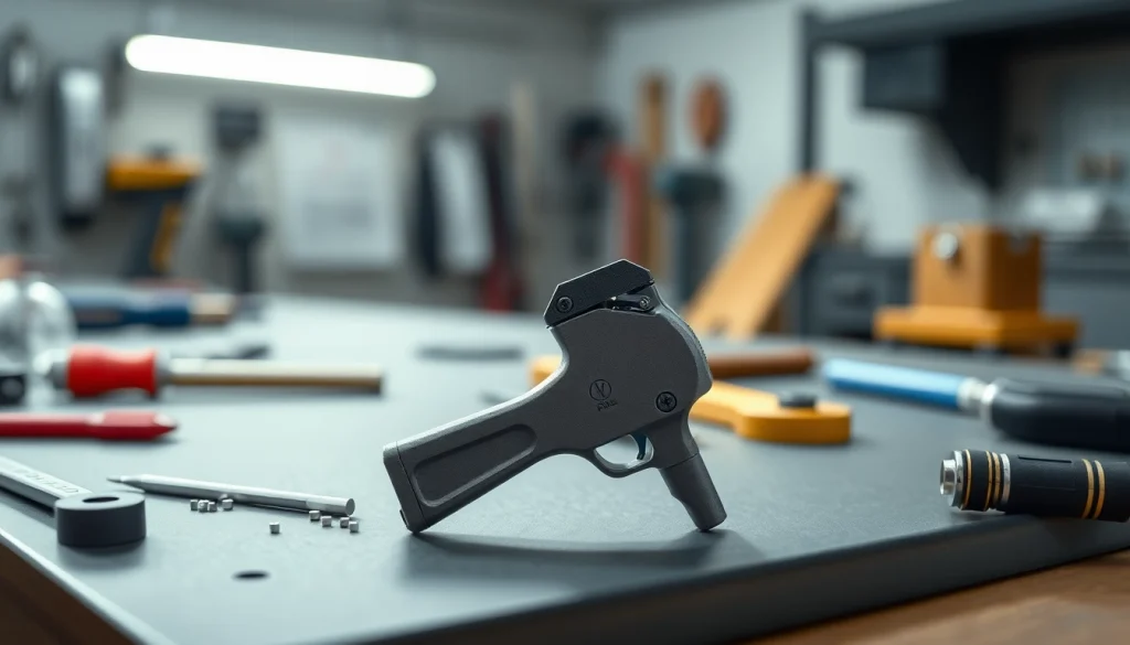 Showcasing a 3 position forced reset trigger on a modern workbench with tools around.