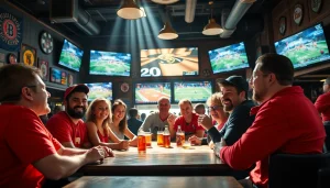 Fans celebrating sports betting in Georgia at a vibrant sports bar setting