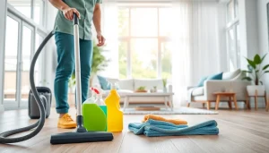 Engaging cleaning service demonstration in a vibrant home environment.