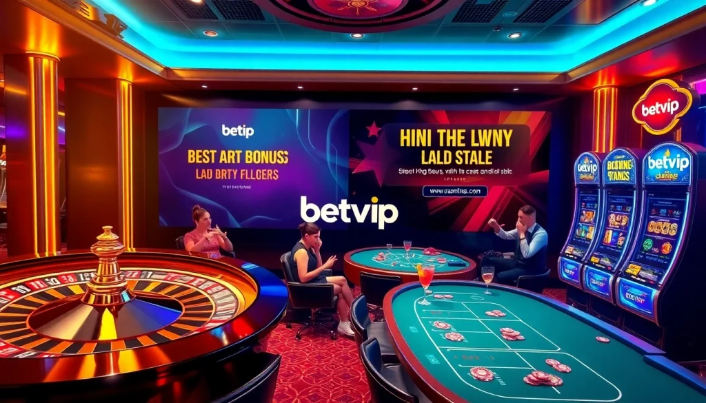 Cảnh cá cược Betvip đầy thú vị gồm các bàn poker và bánh xe roulette.