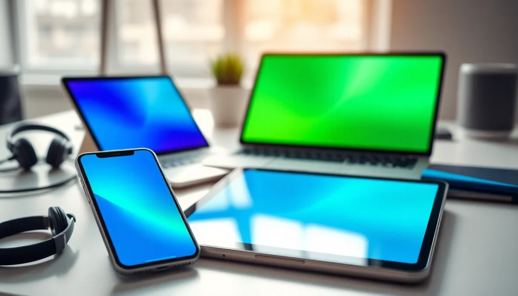 Showcasing innovative mobile apps on devices in a bright workspace environment.