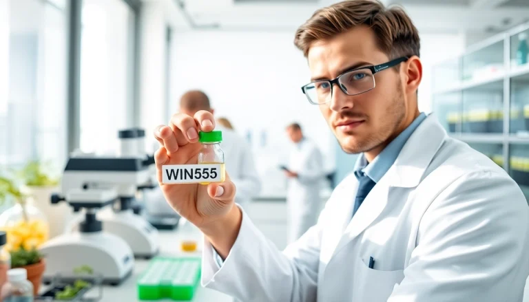 Scientists researching WIN55 cannabinoid in a modern lab setting, showcasing innovation and professionalism.