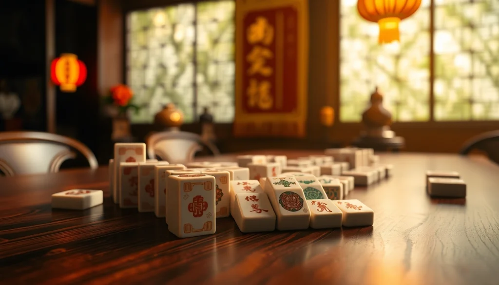 Mahjong permainan klasik terlihat menyenangkan di atas meja dengan ubin yang dirancang dengan indah.