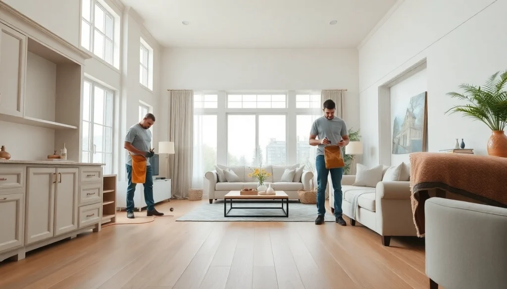 Home renovation project showcasing skilled craftsmen in a beautifully renovated living room.