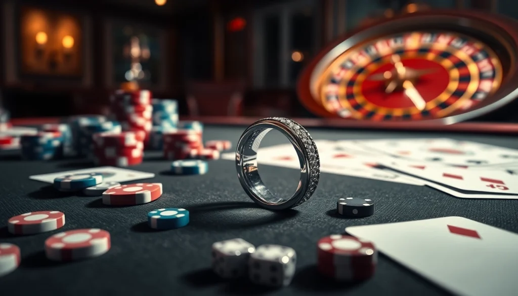 Experience elegance with an 18K platinum wedding band amidst thrilling gambling elements.
