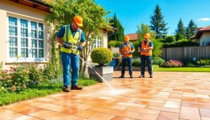 Profesionalno čiščenje tlakovcev z ekipo za čiščenje, ki obnavlja zunanje tlakovce v bujnem vrtu.