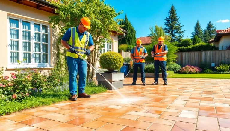 Profesionalno čiščenje tlakovcev z ekipo za čiščenje, ki obnavlja zunanje tlakovce v bujnem vrtu.