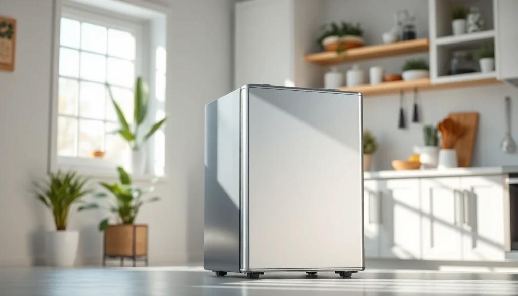 Showcase a compact mini freezer in a modern kitchen, highlighting its sleek design and functionality.