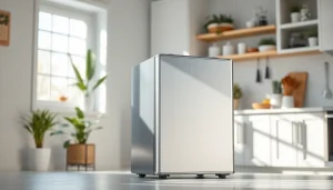 Showcase a compact mini freezer in a modern kitchen, highlighting its sleek design and functionality.