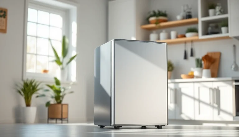 Showcase a compact mini freezer in a modern kitchen, highlighting its sleek design and functionality.