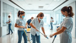 Cleaning team at a commercial cleaning company meticulously sanitizing an office environment.