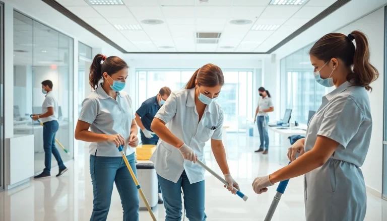 Cleaning team at a commercial cleaning company meticulously sanitizing an office environment.