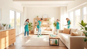 Cleaners from https://www.ecocleanellies.com organizing a bright living room with eco-friendly products.