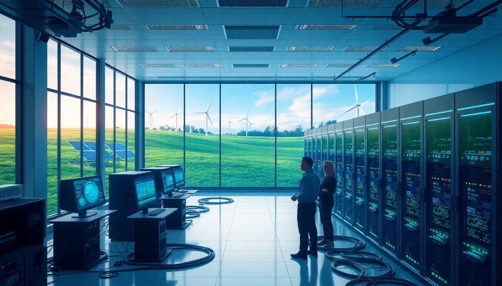 Cloud crypto mining facility showcasing advanced technology and renewable energy sources.