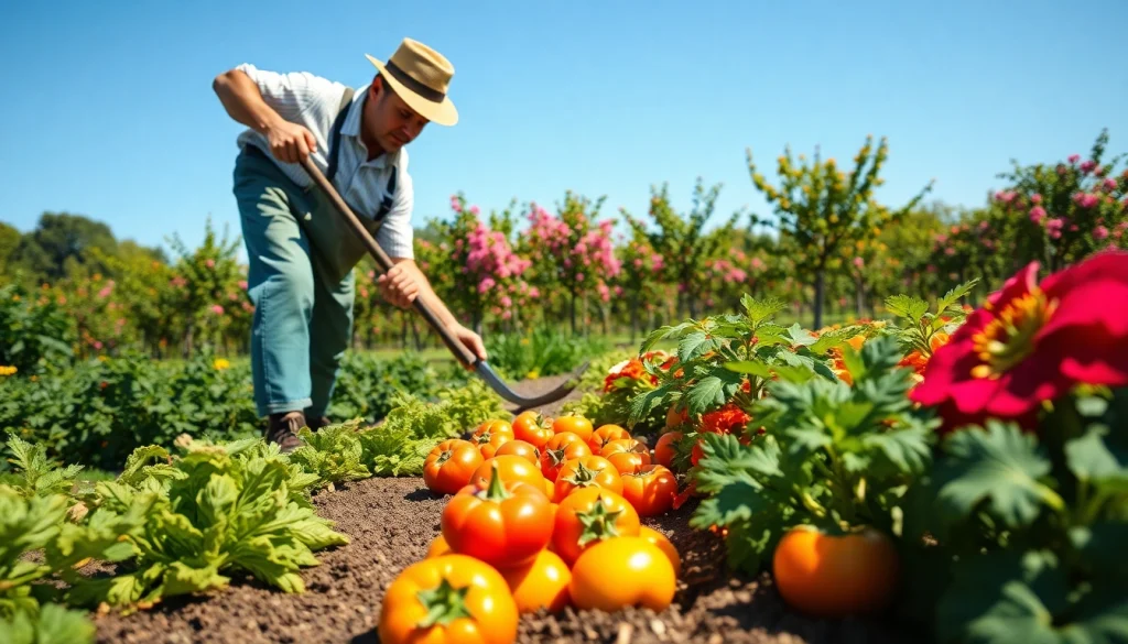 Gardening enthusiast cultivating vibrant vegetables in a lush garden setting.