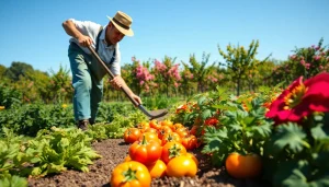 Gardening enthusiast cultivating vibrant vegetables in a lush garden setting.