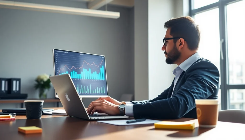 Analyzing SEO strategies in a modern office setting with a consultant and data visualizations.