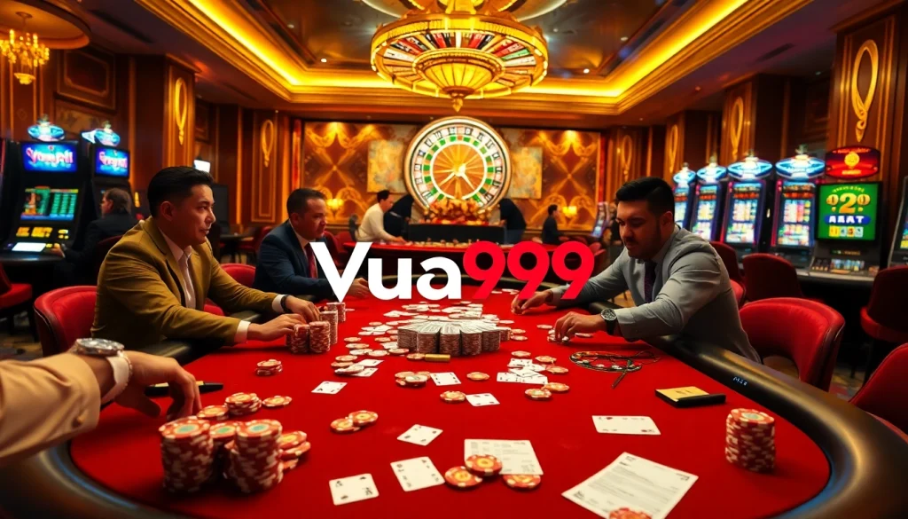 Intense gameplay at a Vua99 poker table, showcasing professional gambling atmosphere and excitement.