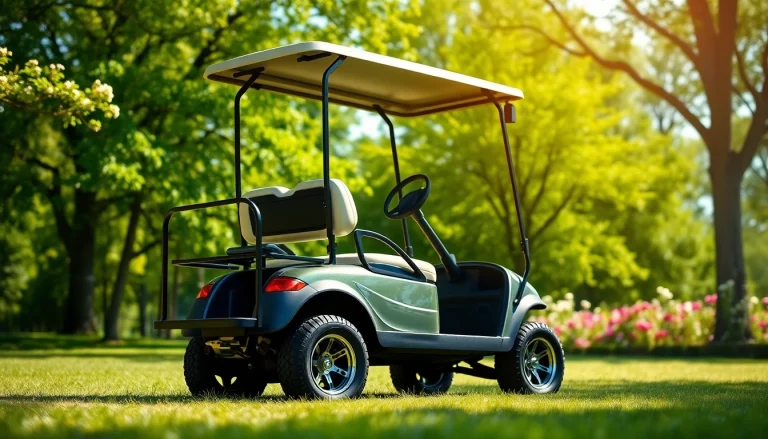 Experience the Epic e40fx golf cart parked in a serene park, showcasing its sleek design.