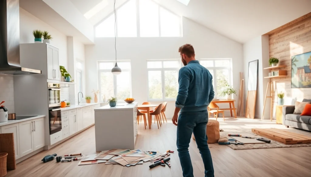 Home renovation process in a modern kitchen showcasing designer selections and vibrant materials.