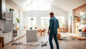Home renovation process in a modern kitchen showcasing designer selections and vibrant materials.