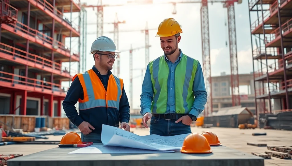 Construction association Denver professionals collaborating at a bright, dynamic construction site.
