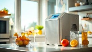 Affordable ice maker prominently displayed in a lively kitchen setting with drinks and fruits.