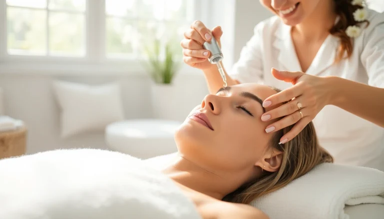 Experience a soothing RejuvaGlow Facial as a therapist applies treatment in a tranquil spa setting.