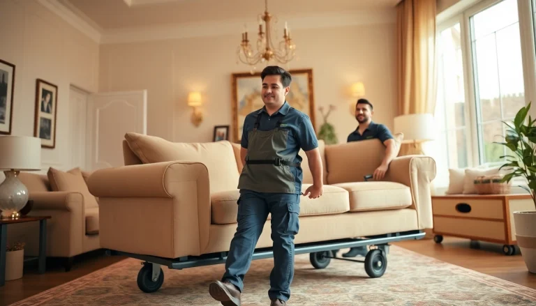 Skilled furniture movers carefully transporting a sofa in a bright living room.