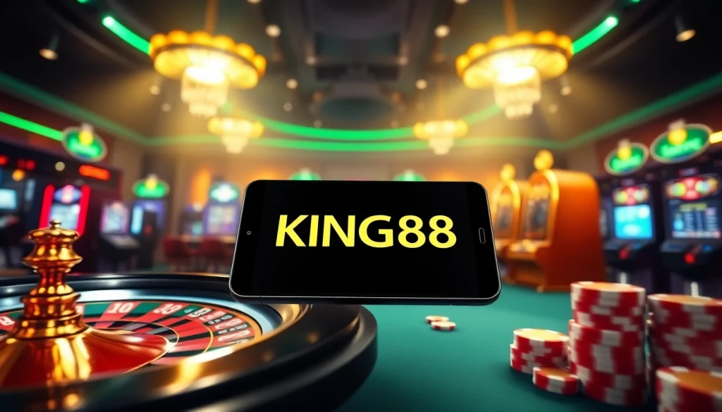 Experience the excitement of trang chủ king88 with vibrant casino elements, including slot machines and poker chips.